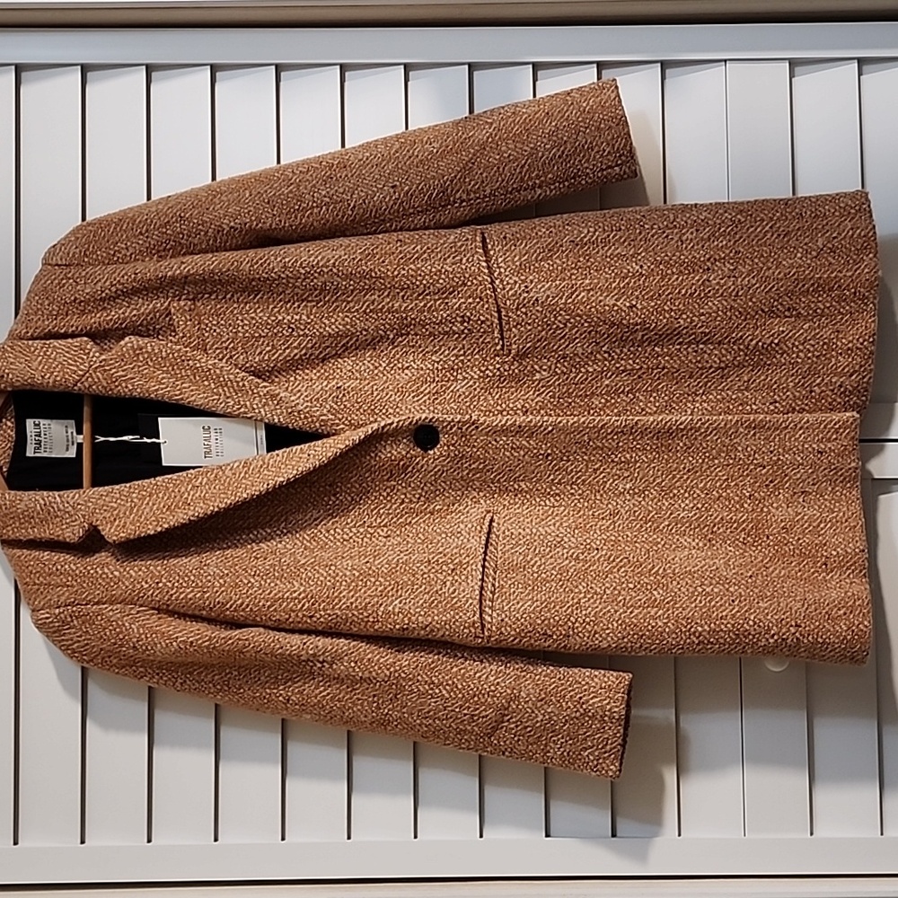 ZARA Trafaluc Women's Coral Beige Brown Classic Herringbone Tweed Coat